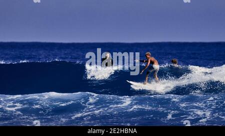 Scuola di surfista. Un ragazzo giovane imparando a stare in piedi su una tavola da surf. Surfista sull'onda, bellissima onda sull'oceano. Sport acquatici. Oceano Atlantico, Domenicano Foto Stock