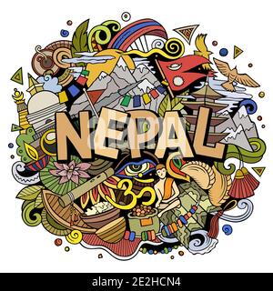 Nepal disegno a mano cartoni animati doodles illustrazione. Illustrazione Vettoriale