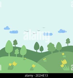 Sfondo primaverile con prati verdi, fiori gialli, alberi, uccelli e nuvole. Posiziona per il testo. Illustrazione Vettoriale
