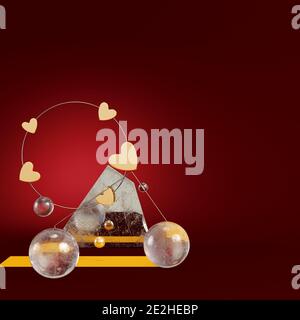 Cuori astratti gialli con figure geometriche su sfondo rosso scuro. Concetto di minimalismo. rendering 3d Foto Stock