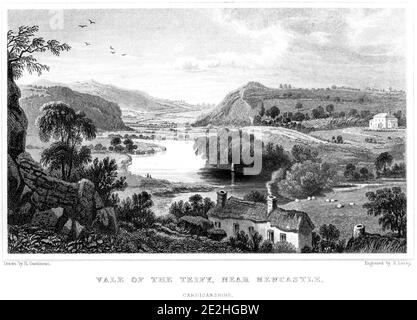 Incisione della vale del Teify vicino a Newcastle (Emlyn), il Cardiganshire ha fatto la scansione ad alta risoluzione di un libro pubblicato nel 1854. Foto Stock