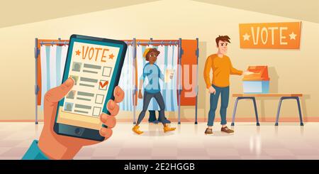 Luogo di polling e app mobile per il voto nel giorno delle elezioni. Le persone che scelgono il candidato nelle cabine di voto e mettere i voti in scatola o sondaggio online su smartphone. Illustrazione di cartoni animati vettoriali Illustrazione Vettoriale