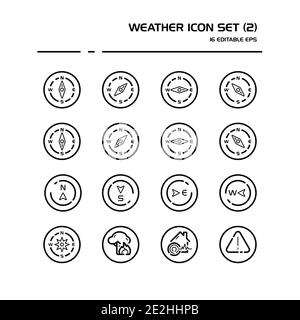 Icona della linea meteorologica e meteorologica impostata in un cerchio. Bussola e disastri naturali. Gruppo isolato. Illustrazione vettoriale del contorno Illustrazione Vettoriale