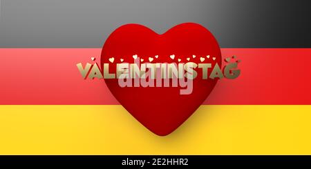 Concetto di giorno di San Valentino nel rendering 3D. Un cuore rosso audace sullo sfondo della bandiera tedesca con il messaggio VALENTINSTAG in lucenti lettere dorate. Foto Stock