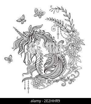 Disegno isolato ritratto di unicorno con lungo manto per libro da colorare adulti, tatuaggio, t-shirt design, logo, segno. Illustrazione stilizzata di Illustrazione Vettoriale