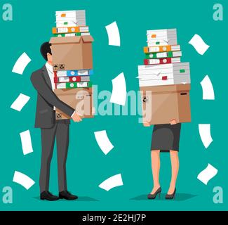Donna d'affari e uomo d'affari stressati tiene mucchio di documenti d'ufficio. Donna e uomo overwaged con pile di carte. Stress sul lavoro. Burocrazia, documenti cartacei, big data. Illustrazione vettoriale piatta Illustrazione Vettoriale