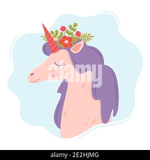 Cute faccia unicorno. Carattere divertente con decorazione di fiori. Illustrazione di cartoni animati per tessuti di moda per bambini, grafica tessile, stampe, carte. Colo Illustrazione Vettoriale