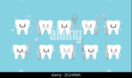 Cute forte dente molare e denti con icone strumenti dentali impostazione Illustrazione Vettoriale