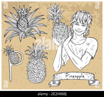 Set di design con bell'uomo che tiene ananas e frutta su sfondo testurizzato. Illustrazione vettoriale incisa disegnata a mano, collezione botanica, hea Illustrazione Vettoriale