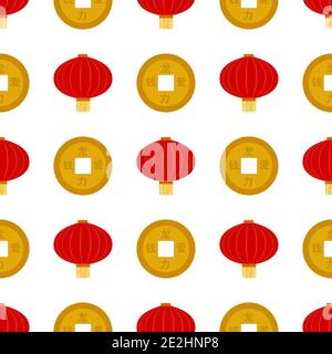 Lanterna cinese sospesa in rosso piatto con motivo senza cuciture a moneta dorata per la celebrazione del Capodanno cinese. Illustrazione vettoriale Illustrazione Vettoriale