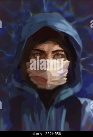 Uomo in giacca blu con maschera bianca, illustrazione concettuale Illustrazione Vettoriale
