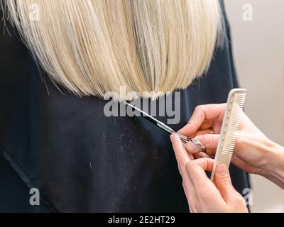 Stylist dei capelli che tagliano le estremità divise sul suo cliente al salone Foto Stock