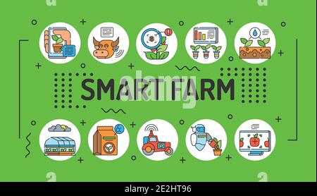 Tipografia di scrittura di parola di fattoria intelligente. Infografiche con icone lineari su sfondo verde. Concetto di idea creativa. Illustrazione del colore del contorno isolato. Illustrazione Vettoriale