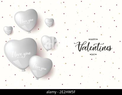 Biglietto d'auguri per il giorno di San Valentino con palloncini d'argento. Happy San Valentino poster giorno sfondo pastello, illustrazione vettoriale Illustrazione Vettoriale