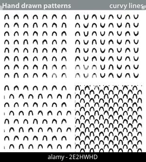 Quattro motivi senza giunture realizzati con piccoli pezzi di linee curve disegnate a mano. Illustrazione Vettoriale