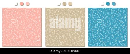 Set di tre motivi vettoriali rosa, blu e beige senza giunture con calligrafia di figure matematiche triangoli e cerchi, calcoli, calligrafie sulla squa Illustrazione Vettoriale