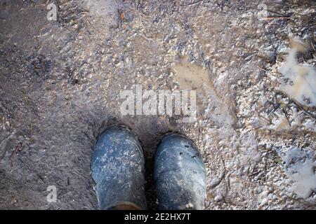 copriscarpe in gomma sporca sul terreno dopo la pioggia. Vita in campagna. Foto Stock