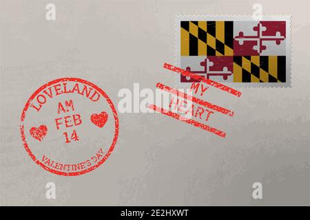 Busta francobollo con bandiera degli Stati Uniti del Maryland e francobolli di San Valentino, vettore Illustrazione Vettoriale