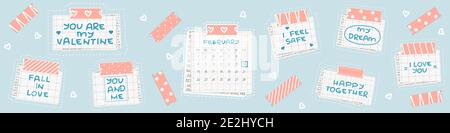 Set di frasi su carta quadrata. Sei il mio San Valentino, ti amo, il mio sogno. Il nastro rosa washi mantiene il foglio di carta del giornale. Il quattordicesimo di 2021 Fe Illustrazione Vettoriale