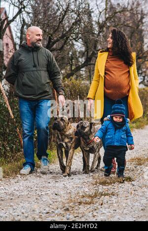 La famiglia sta prendendo un cane per una passeggiata e godendosi attività all'aperto Foto Stock