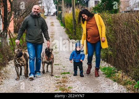 La famiglia sta prendendo un cane per una passeggiata e godendosi attività all'aperto Foto Stock