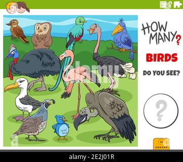 Illustrazione del gioco educativo di conteggio per i bambini con gli uccelli del cartone animato gruppo di caratteri animali Illustrazione Vettoriale
