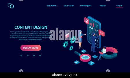 Concetto di progettazione dell'interfaccia utente. Vettore di sviluppatori di software che programmano seo per lo smartphone Illustrazione Vettoriale