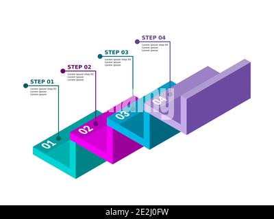 Infografica scale. Quattro passaggi o opzioni. Infografiche colorate per il concetto di business. Fasi numerate, fasi, parti, processi. Vettore Illustrazione Vettoriale