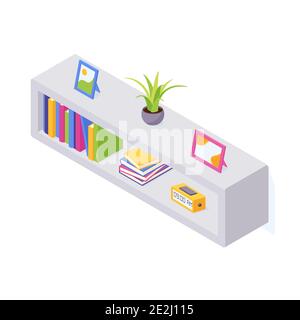 Libri su scaffale in illustrazione vettoriale isometrica. Illustrazione Vettoriale