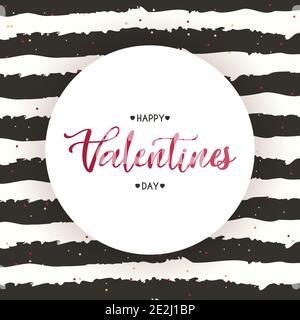 Biglietto d'auguri per il giorno di San Valentino. Happy Valentines poster giorno sullo sfondo nero striscia e confetti, illustrazione vettoriale Illustrazione Vettoriale