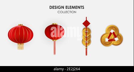 Elementi realistici 3d di Holiday Design cinese: Lanterne appesi e set di monete d'oro. Illustrazione vettoriale Illustrazione Vettoriale