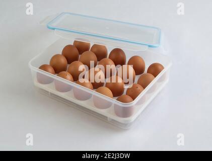 uova in scatola di plastica isolata su fondo bianco Foto Stock