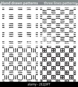 Quattro motivi senza giunture realizzati con piccoli pezzi di linee disegnate a mano. Illustrazione Vettoriale
