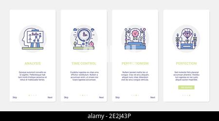 Il lavoro mentale elabora l'illustrazione vettoriale. UX, UI onboarding mobile app page screen set di astratte line human head processing in perfectionism, lavorando per raggiungere la perfezione, l'analisi e il controllo del tempo Illustrazione Vettoriale