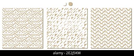 Set di tre semplici ripetizioni beige e bianco senza cuciture. Il disegno è costituito da una linea scomposta e da punti frastagliati e altre forme Illustrazione Vettoriale