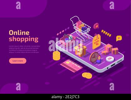 Shopping online modello di landing page isometrica, banner web su sfondo viola. Carrello del supermercato con acquisti, scatole, regali e cestino sullo schermo del dispositivo mobile. Concetto di negozio di e-commerce. Illustrazione Vettoriale