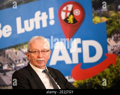 Magonza, Germania. 14 gennaio 2021. Michael Frisch (AFD), top candidate per le elezioni statali, siede in studio durante un live streaming. I partiti avviano le loro campagne per le elezioni statali. L'elezione del 18° parlamento statale della Renania-Palatinato è prevista per il 14 marzo 2021. Credit: Andreas Arnold/dpa/Alamy Live News Foto Stock