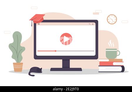 Formazione online. Concetto di progettazione piatta di formazione e tutorial video. Illustrazione vettoriale per banner di siti web, materiale di marketing, presentazione Illustrazione Vettoriale