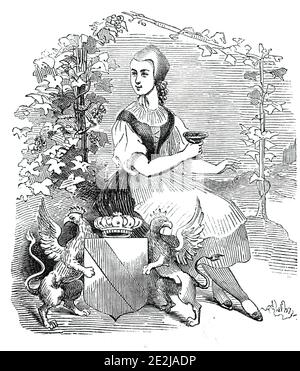 Armi del Granducato di Baden-Baden, 1844. 'Baden è secondo in classifica a Wiesbaden e le più frequentate terme tedesche. I tedeschi si rammaricano molto del fatto che lì i modi francesi e la lingua francese sono per lo più in voga. Oltre ai... visitatori, o invalidi, arrivano moltissime folle (in particolare la domenica) da Strasburgo e Carlsruhe, sia in barca a vapore che in treno. L'aria è mite e salubre'. Da "Illustrated London News", 1844, Vol V. Foto Stock