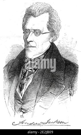 Il defunto generale Jackson, 1845. Ritratto del soldato americano e del presidente americano Andrew Jackson. 'Nel 1812 gli fu ordinato di prendere il campo contro gli Indiani del Sud, e in tutti i suoi impegni con loro fu signalmente vittorioso... fu commissionato il maggiore generale dell'Esercito degli Stati Uniti nel 1812, E... Instradato le truppe britanniche in un certo numero di schermaglie nelle vicinanze di New Orleans... Pace essendo restaurato, si ritirò nella sua fattoria vicino Nashville, Tennessee. Nel 1817 fu nuovamente chiamato in campo per sopprimere gli indiani Seminole della Florida. Jackson fu nominato Governatore della Florida e fu lat Foto Stock