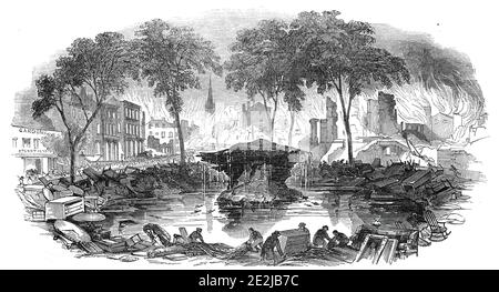 The Bowling-Green, and Broadway, 1845. Fuoco a New York City. "Questo luogo precedentemente fresco e rinfrescante è stato presto trasformato in uno spreco arida e bruciante. Il calore tutto intorno era così grande, che niente se non hardihood poteva avvicinarsi esso. Densi volumi di fumo così oscurato, che non si poteva avere una vista distinta della fontana, anche dalla ringhiera di ferro. In nessun quarto, forse, gli effetti distruttivi della conflagrazione sono stati più evidenti che al Bowling Green, dove, ma ieri, la coda era verde, fresca esaltante, e bella, ma dove ora tutto è cambiato in un deserto sognante'. Foto Stock