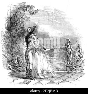 Scena da "la Signora di Lione" al Teatro Haymarket, 1845. Produzione teatrale londinese di "la Signora di Lione; o, Amore e Pride", un melodramma romantico scritto nel 1838 da Edward Bulwer-Lytton, 1° barone Lytton. '...la prima scena del secondo atto...Claude Melnotte (MR Anderson), fingendo di essere il Principe di Como, sta parlando a Paolina (la signorina Helen Fawcit) del suo palazzo immaginario...'. Da "Illustrated London News", 1845, Vol VII Foto Stock