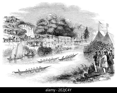 Reading Regatta, 1844. Corse in barca sul Tamigi nel Berkshire. 'La Reading Challenge Cup è stata contesa da Britannia, Britannia, jun. E Ariel. Questa gara, di gran lunga la più importante di tutte, rimane indecisa, a seguito di una collisione accidentale tra Ariel e Britannia, in un primo periodo di gara'. Da "Illustrated London News", 1844, Vol V. Foto Stock