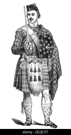 Ritratto di un guardista di altipiano, a Blair Athol, 1844. Soldato che custodisce la regina Vittoria durante il suo soggiorno al castello di Blair in Scozia: '...uno dei guardiani di sua Maestà. Il costume è molto suggestivo: Il verde tartan con una piccola striscia rossa, attraversata da cinture bianche; tubo rosso e bianco; e cappuccio blu scuro. Da "Illustrated London News", 1844, Vol V. Foto Stock