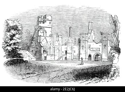 South Winfield Manor House, 1844. Vista di Wingfield Manor vicino a South Wingfield nel Derbyshire. La casa, che risale al 1441, cadde in rovina nel 18 ° secolo. 'Questo un tempo palo principesco... è stato costruito nel regno di Enrico VI.. Il palazzo è splendidamente situato su un'eminenza dominante, che si erge da profonde valli, di nuovo circondato su ogni lato con colline ricche-boscose; le sue alte torri grigie e torrette battagliate, ricoperte di edera, si innalzano con orgoglio sopra le nobili querce e noci in cui è incarnato. Il palazzo è completamente smantellato, e gran parte di esso distrutto.". Da "illustrato Foto Stock