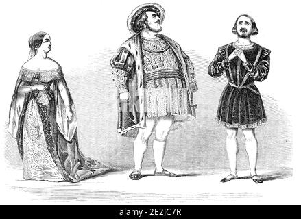 Scena di "Anna Bolena", al Teatro di sua Maestà, 1844. Opera di Donizetti, eseguita a Londra da Giulia Grisi, Luigi Lablache e Luciano Mariani: 'Nessun uomo può meglio esprimere i teneri abbandonamenti dell'anima all'amore, alla speranza o alla gioia, di Moriani, mentre, d'altra parte, frenesia e disperazione può rappresentare con uguale verità, Ma con più energia emozionante... forse era un po' infedeliato nella voce da un'eccessiva eserzione precedente, ma la sua azione energica era ancora inesauribile, che, unita all'huteur di Lablache e all'indignazione di Grisi, formò un tableau di drammatica bellezza... il Foto Stock