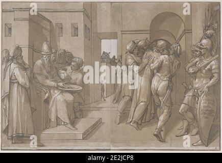 Pilate a sinistra lavando le mani (lato sinistro del foglio), 1585. Foto Stock