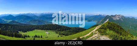 Vista impressionante dalla cima di Jochberg a Walchensee e la bavarese Alpi Foto Stock