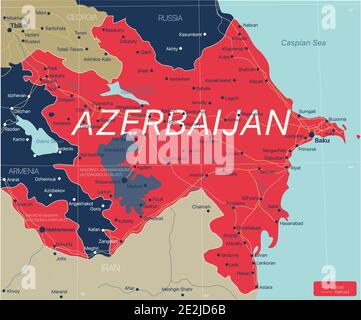 Paese Azerbaigian Mappa dettagliata modificabile con città e città, strade e ferrovie. File vettoriale EPS-10 Illustrazione Vettoriale