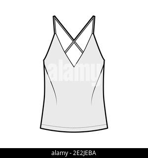 Camisole illustrazione tecnica della moda con collo a V lusinghiero, cinghie, calzata rilassata, lunghezza tonica. Modello di abbigliamento da esterno piatto, colore grigio. Donna, uomo maglia unisex top mockup CAD Illustrazione Vettoriale